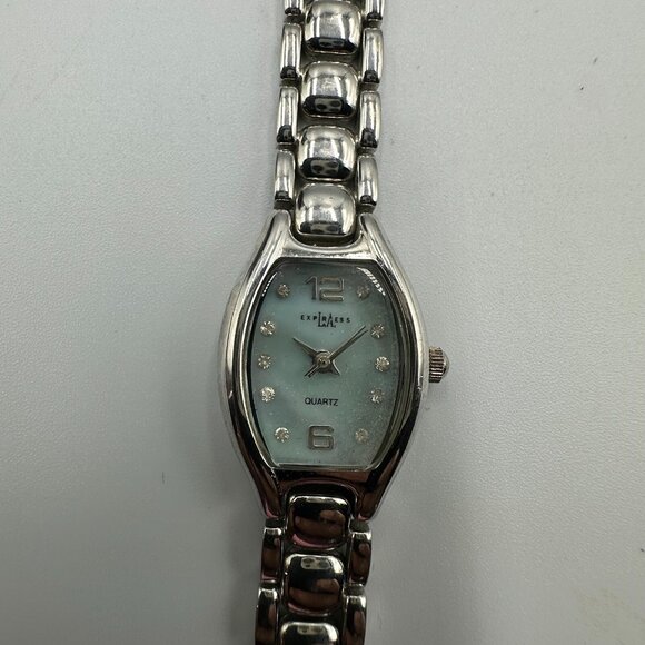 3/$30 L.A. Express Watch Women Silver Tone Blue Mother Of Pearl Dial 6.5" - Picture 2 of 14
